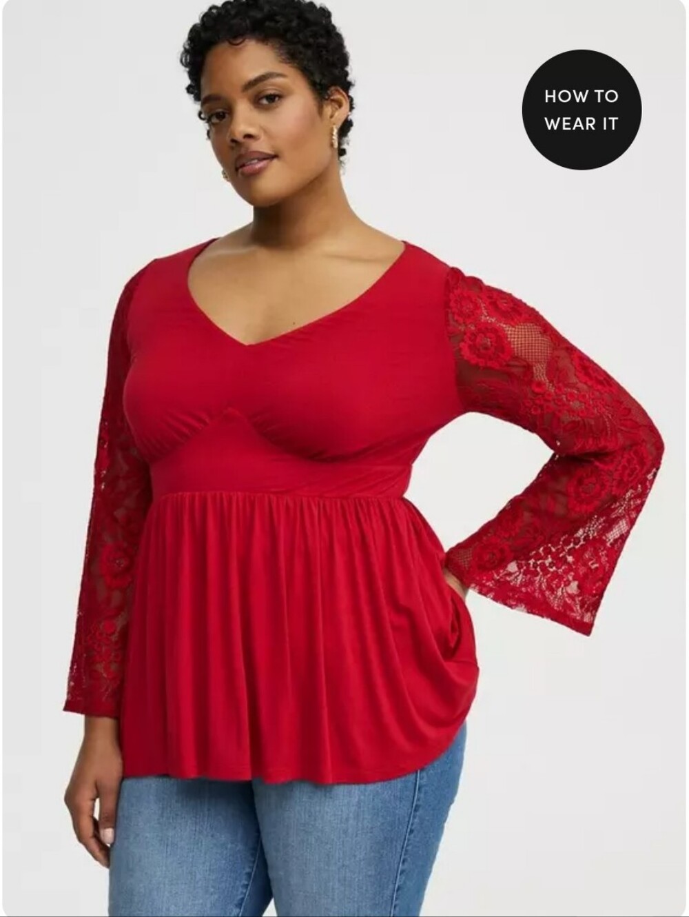 Torrid Red V-Neck Lace-Sleeve Empire Waist Blouse